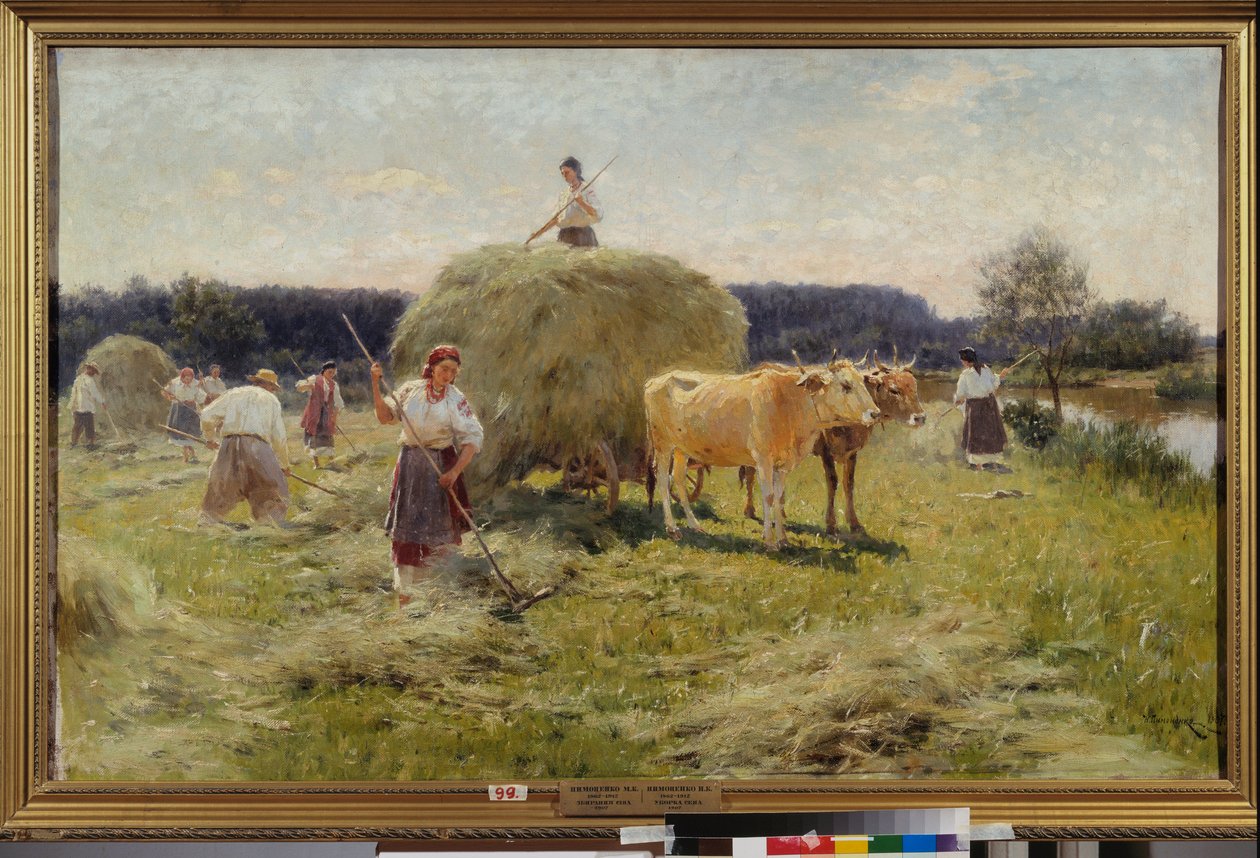 Hötillverkning (sommarjordbruksscen, bönder som samlar hö i ett oxlag) - Hötillverkning - Målning av Nikolai Kornilovich Pimonenko (1862-1912), olja på duk av Ilya Efimovich Repin