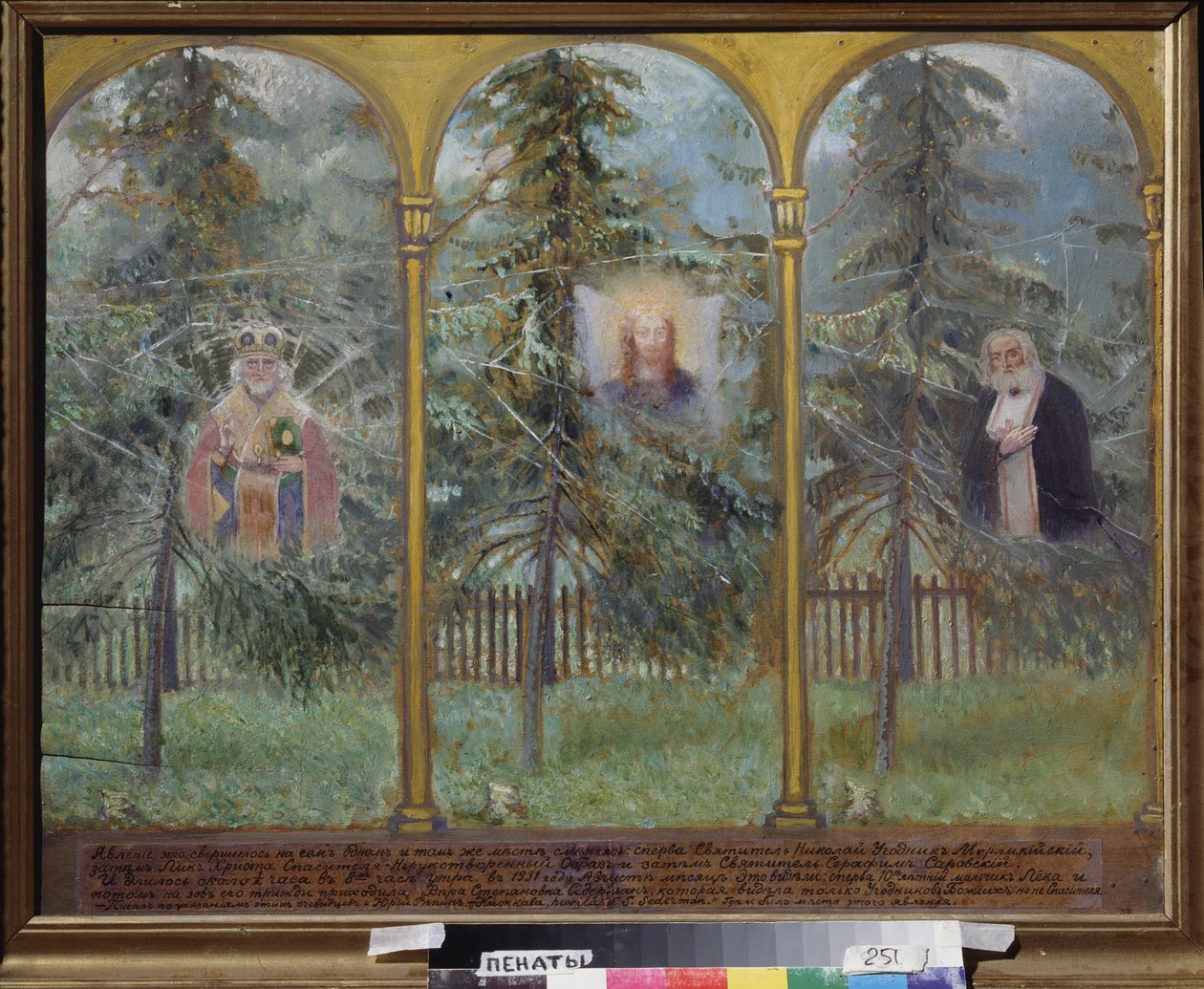 Utseendet av ikoner. Målning av Yuri Ilyich Repin (1877-1954), olja på trä av Ilya Efimovich Repin