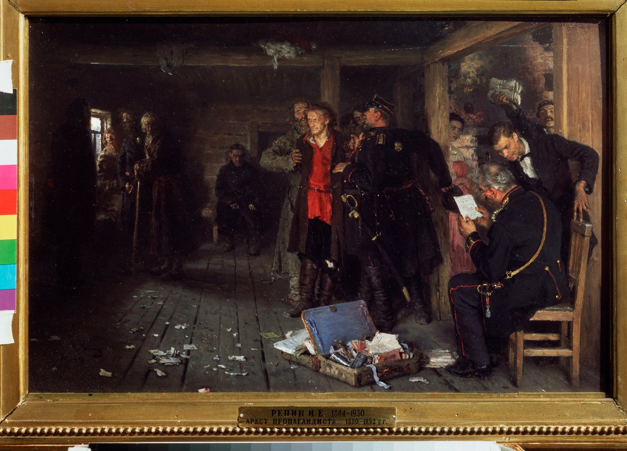Gripandet av propagandisten. Målning av Ilya Repin (Ilia Repin) (1844-1930), olja på trä av Ilya Efimovich Repin