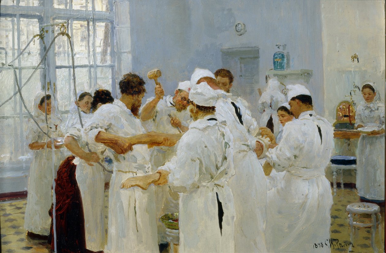 Kirurgen Ivan Pavlov (1849-1936) i en operationssal (Kirurgen Pavlov i en operationssal). Omgiven av sitt medicinska team, assistenter och sjuksköterskor opererar kirurgen en sjuk patient. Målning av Ilya Yefimovich Repin (Ilia Repin) (1 av Ilya Efimovich Repin