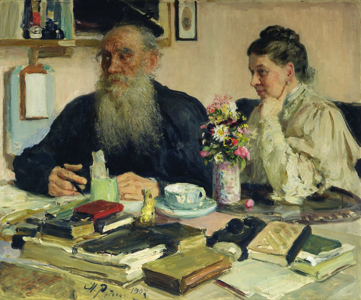Leo Tolstoj med sin fru i Yasnaya Polyana, 1907 av Ilya Efimovich Repin