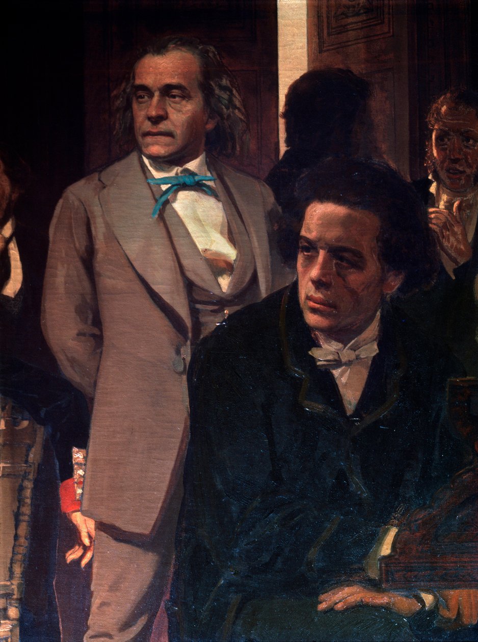 Kompositörerna Anton Rubinstein (1829-1894) och Alexander Serov (1820-1871). Detalj av målningen de slaviska kompositörerna. Målning av Ilya Yefimovich Repin (Ilia Repin) (1844-1930), olja på duk av Ilya Efimovich Repin