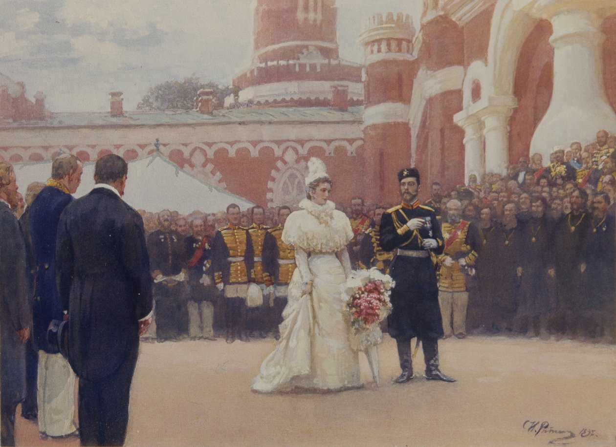 Nicholas II tar emot landsbygdsdistriktets äldste den 18 maj 1896 på gården till Petrovsky Palace i Moskva, 1897 av Ilya Efimovich Repin