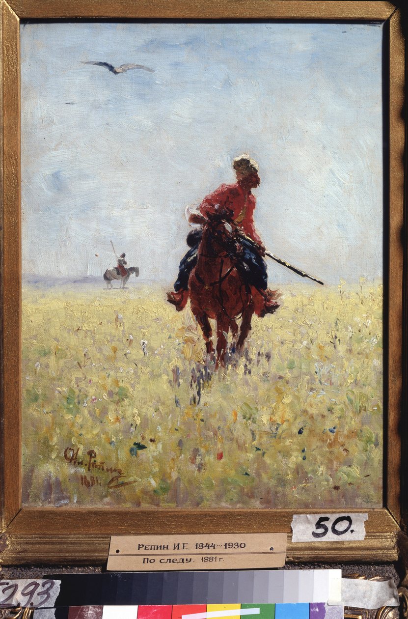 Erkännande kurs. (Zaporogue Cossack ryttare under observation i en blommig slätt). Målning av Ilya Yefimovich Repin (Ilia Repin) (1844-1930), olja på duk av Ilya Efimovich Repin