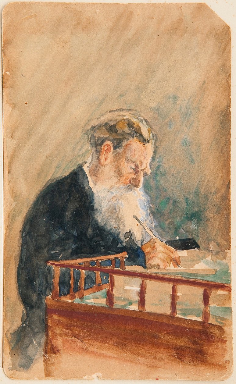 Porträtt av författaren Leo N Tolstoy (Porträtt av författaren Leo N Tolstoy) - Verk av Ilya Yefimovich Repin (Ilia Repin) (1844-1930), akvarell på papper (16x10 cm), cirka 1900, rysk konst , 1900-talet - Privat samling av Ilya Efimovich Repin