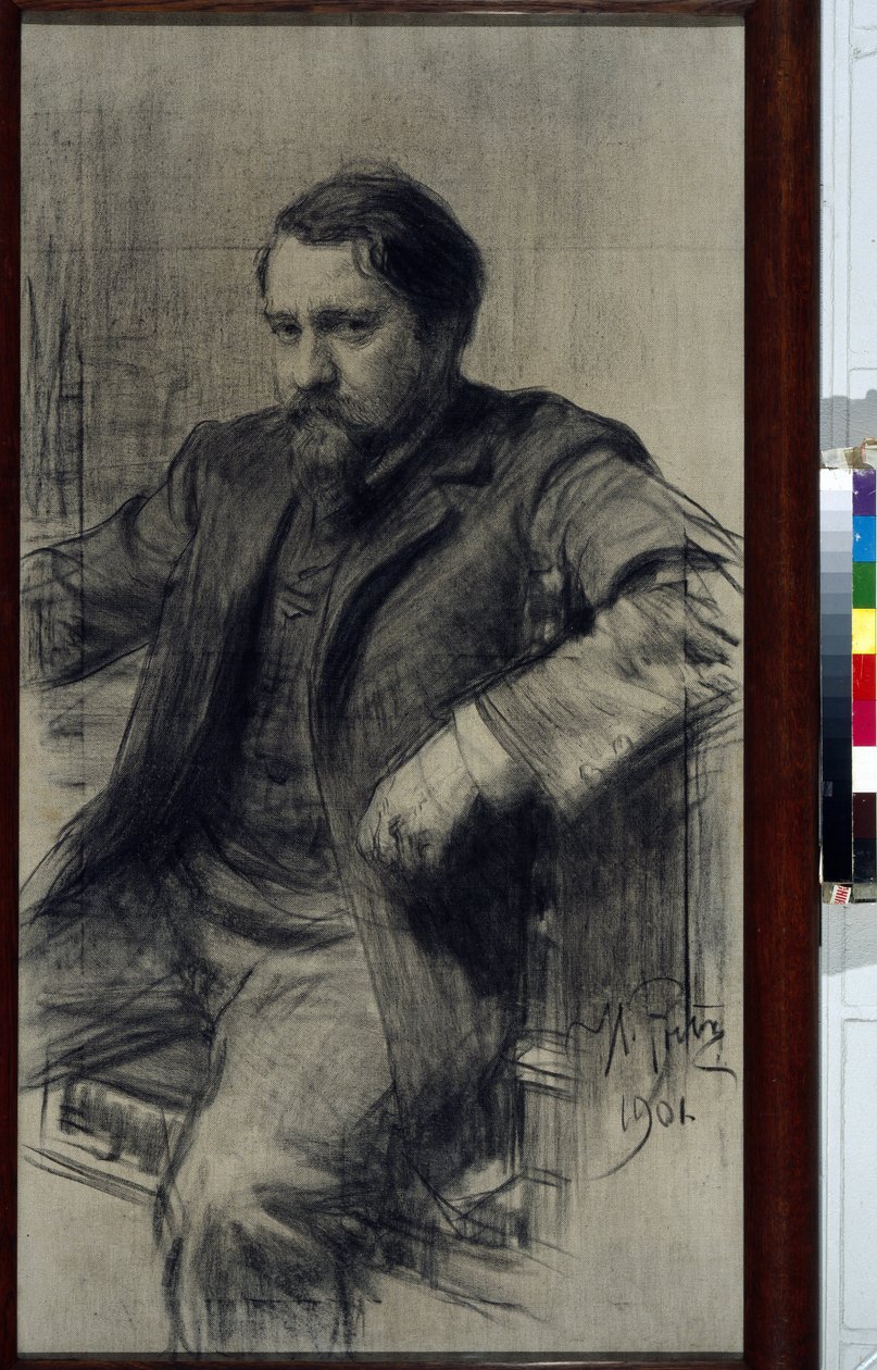 Portrait du peintre Valentin Aleksandrovitch Serov (1865-1911) (Valentin Alexandrovich Serov) - Dessin de Ilya Yefimovich (Iefimovitch) Repin (1844-1930), krita på papier av Ilya Efimovich Repin