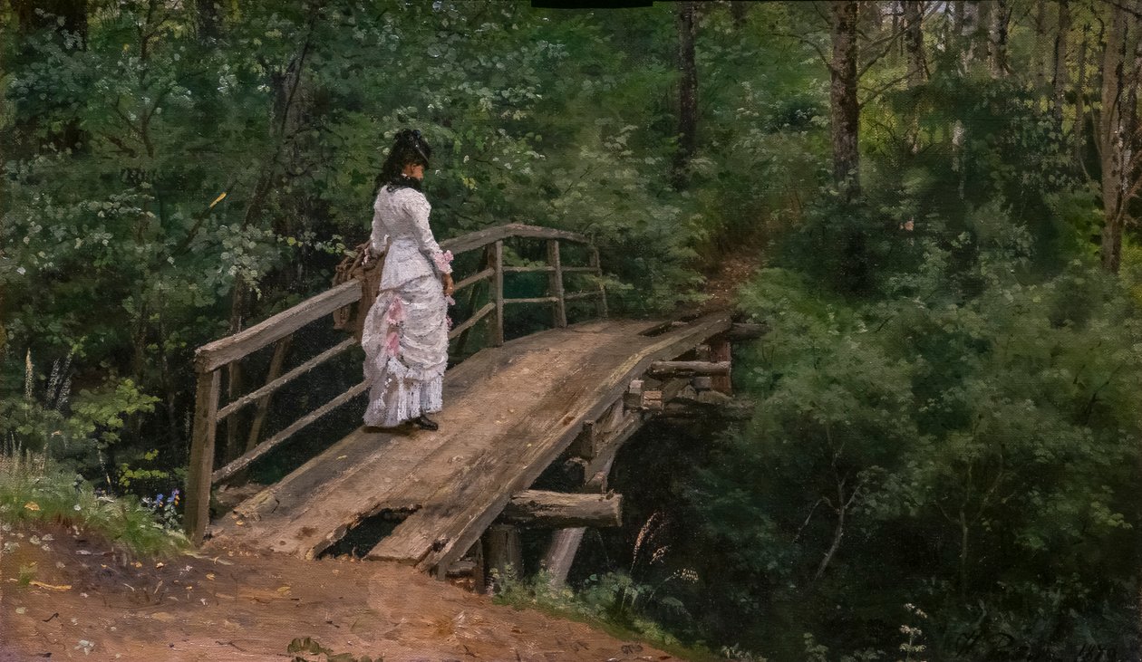 SOMMARLANDSKAP. VERA REPINE PÅ EN LITEN BRO I ABRAMTSEVO av Ilya Efimovich Repin