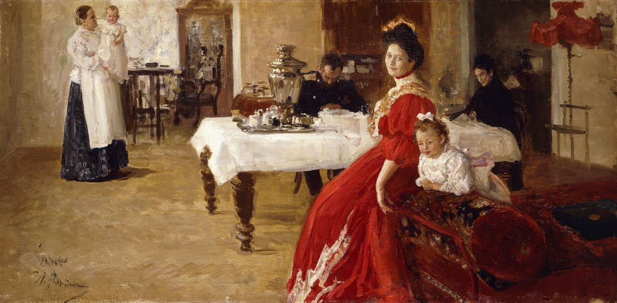 Konstnärens dotter, Tat"iana och hennes familj i en interiör, av Ilya Efimovich Repin