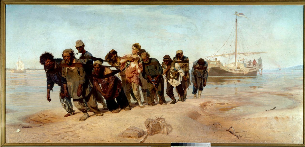 The Boatmen of the Volga En grupp män (halare) ritar en båt från vattnet i Ryssland - Målning av Ilia (Ilya) Repine (1844-1930), olja på duk av Ilya Efimovich Repin