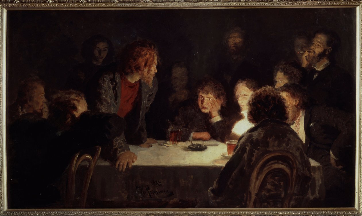 Ett revolutionerande möte. Målning av Ilya Repin (Ilia Repin) (1844-1930), olja på duk av Ilya Efimovich Repin