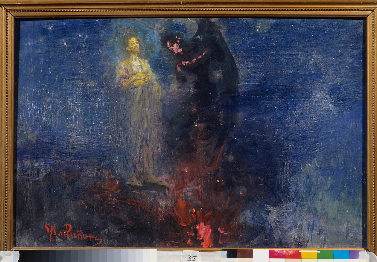 Gå bort, Satan! (Få dig därifrån, Satan!). (Jesus Kristus stöter bort djävulen, i ett nattligt landskap). Målning av Ilya Repin (Ilia Repin) (1844-1930), olja på duk, efter 1850. Rysk konst av Ilya Efimovich Repin