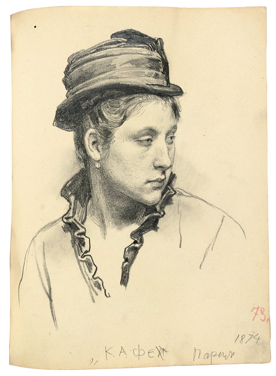 Kvinna med hatt, huvudet vänt åt sidan, 1874 av Ilya Efimovich Repin