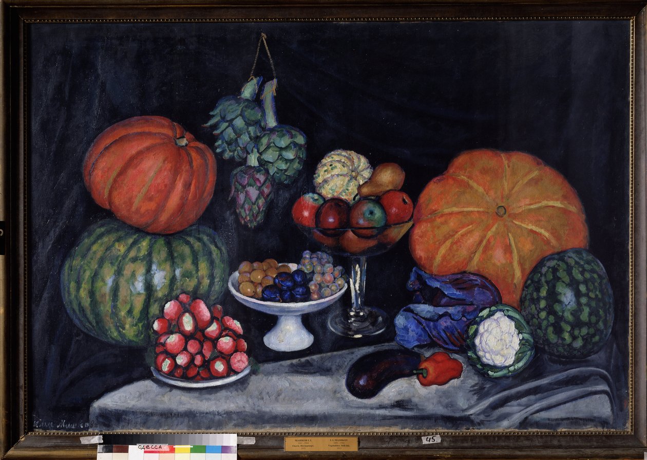 Grönsaker. Stilleben med pumpor, kronärtskockor, plommon, vindruvor, äpplen, päron, aubergine, peppar, kål, blomkål och vattenmelon. (Grönsaker. Stilleben). Målning av Ilya Ivanovich Mashkov (Ilia Mashkov, Matchkov) (1881-1944), olja på duk av Ilya Ivanovich Mashkov