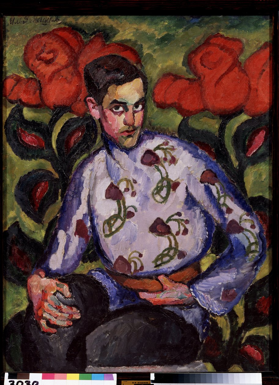Porträtt Av En Pojke I En Skjorta Med Blommor. Målning av Ilya Ivanovich Mashkov (Ilia Mashkov, Matchkov) (1881-1944), olja på duk av Ilya Ivanovich Mashkov