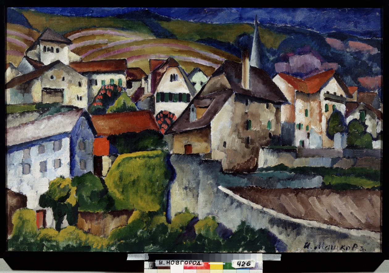 En liten stad i Schweiz. Målning av Ilya Ivanovich Mashkov (Ilia Mashkov, Matchkov) (1881-1944), olja på duk av Ilya Ivanovich Mashkov
