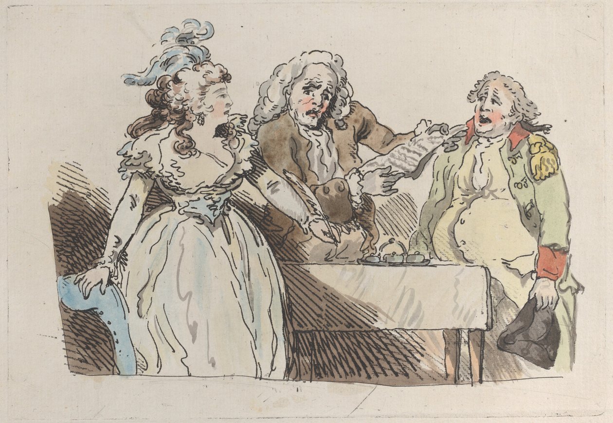 En ung kvinna, arvinge förbereder sig på att underteckna ett dokument, 1780-1800., 1780-1800. av Imitator of Thomas Rowlandson.