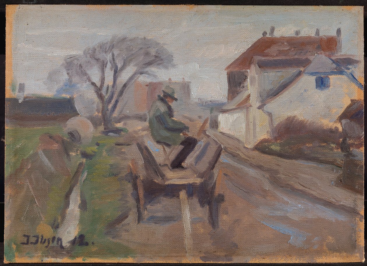 Målaren Ølund Hansen sitter i en vagnmålning av Immanuel Ibsen