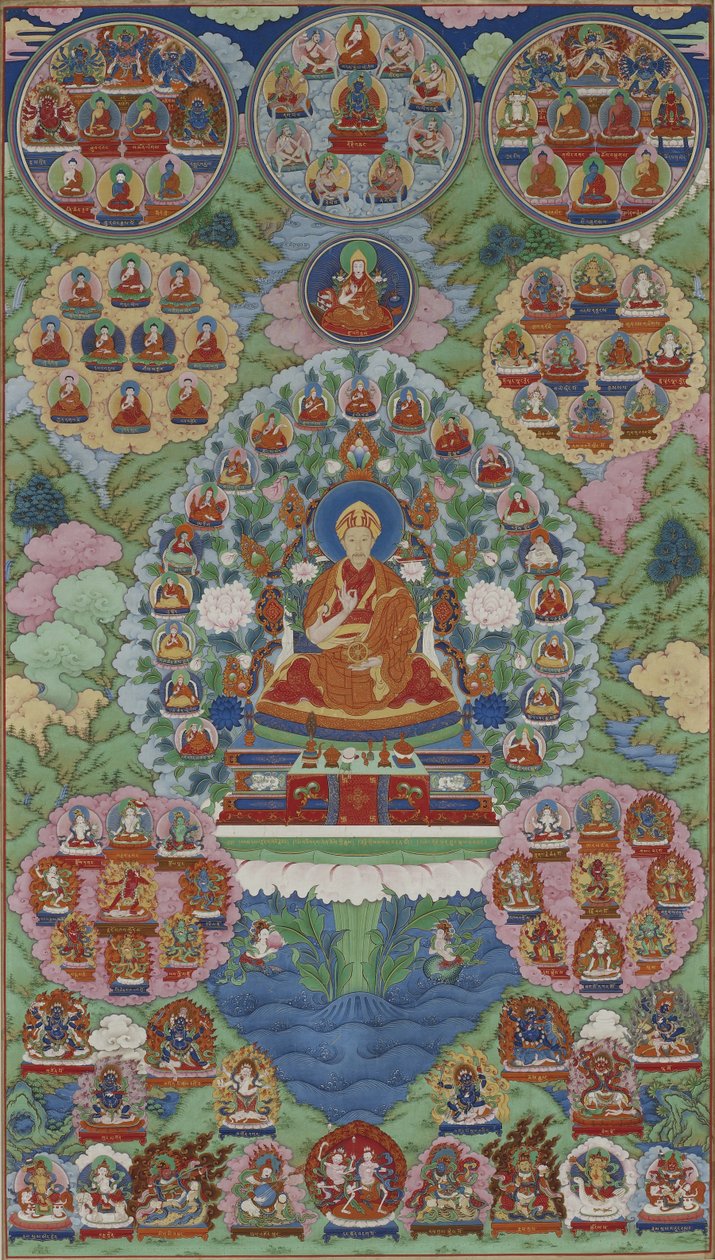 Qianlong-kejsaren som Manjusri, Visdomens Bodhisattva, Qingdynastin (bläck, färg & guld på siden) av Imperial Workshop
