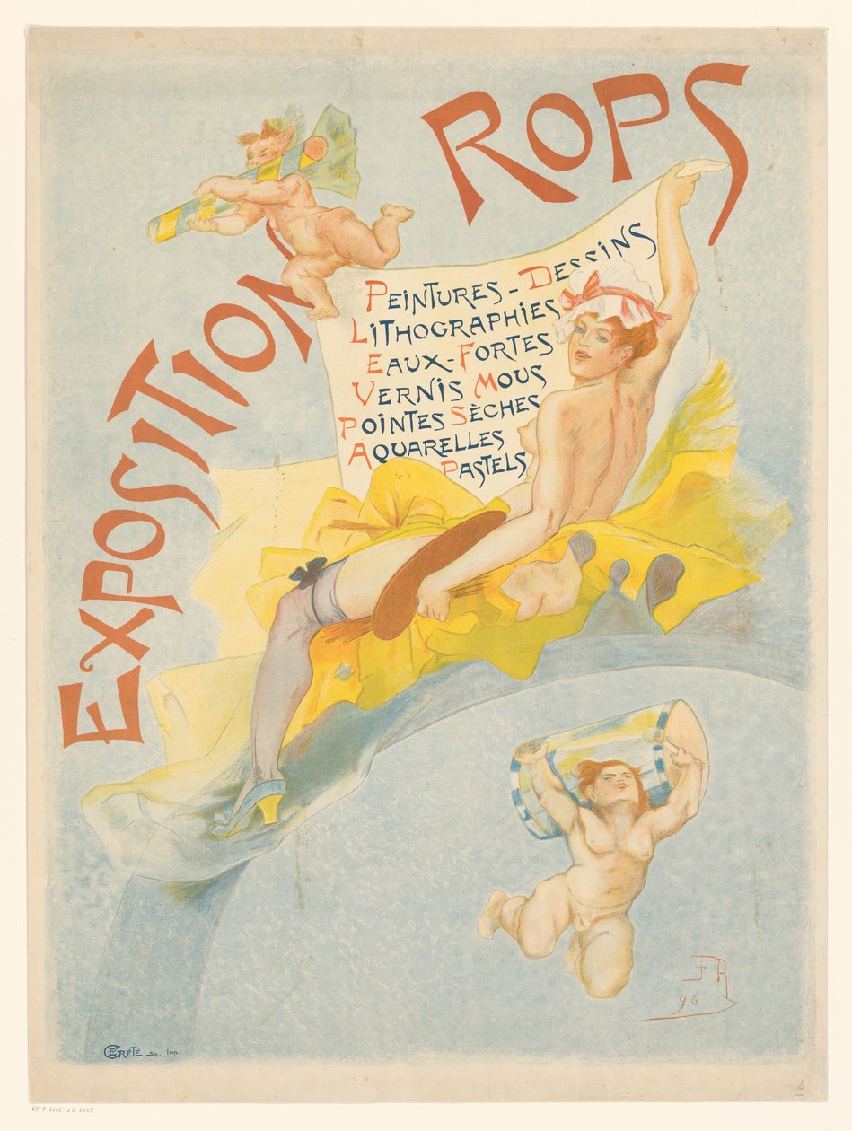 Affisch för en utställning med verk av Felicien Rops Exposition Rops (titel på objekt) av Imprimerie Crété