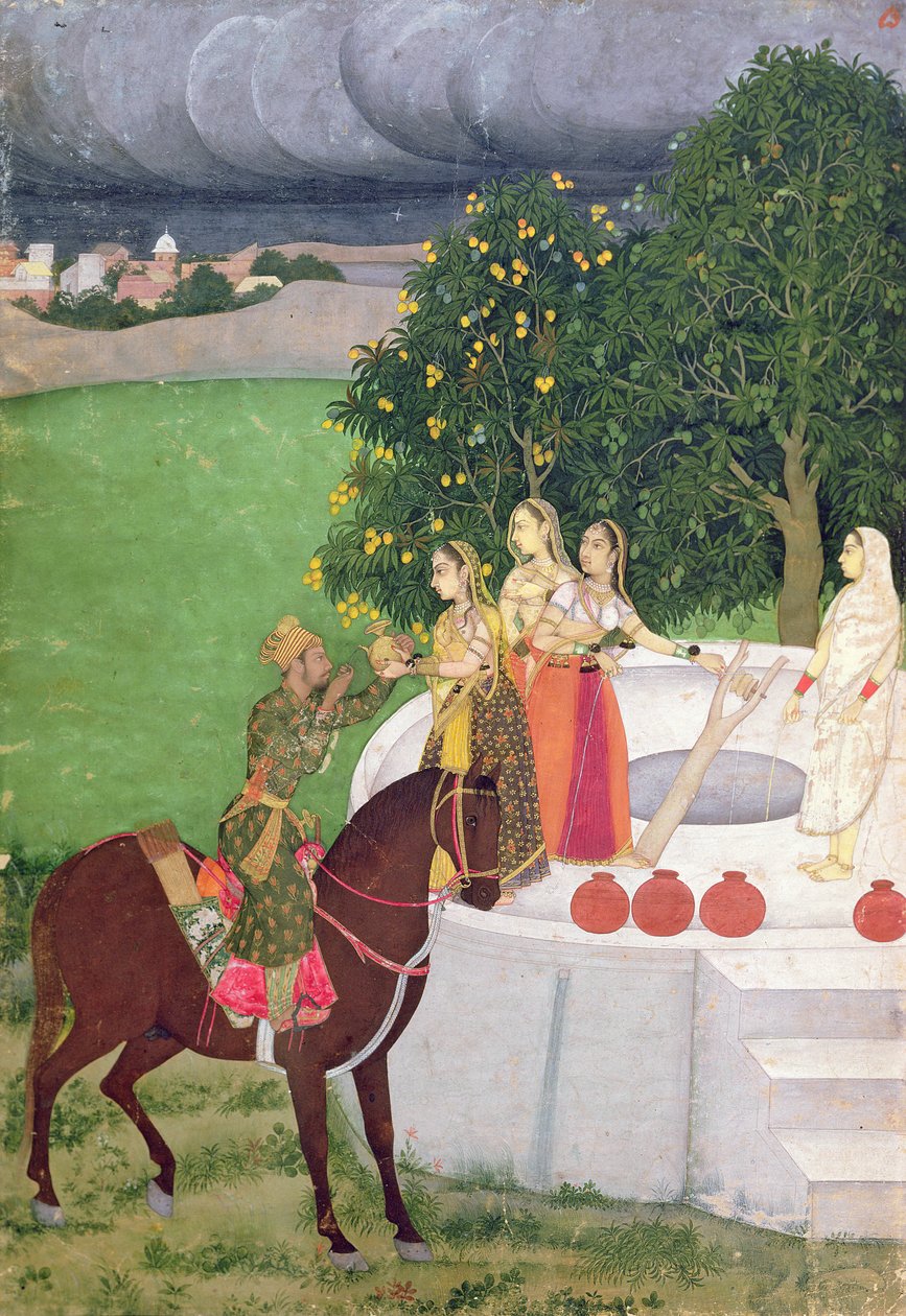 En prins som tigger vatten från kvinnor vid en brunn, Mughal, c.1720 av Indian School