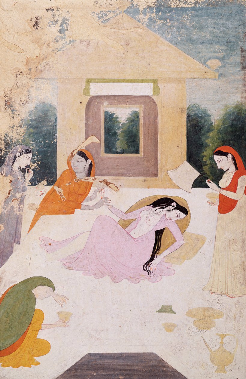 En dam på en terrass, upprörd av otillfredsställd längtan efter sin älskare, hennes skötare kan inte göra något för att trösta henne, Guler, Pahari School, ca 1810 av Indian School