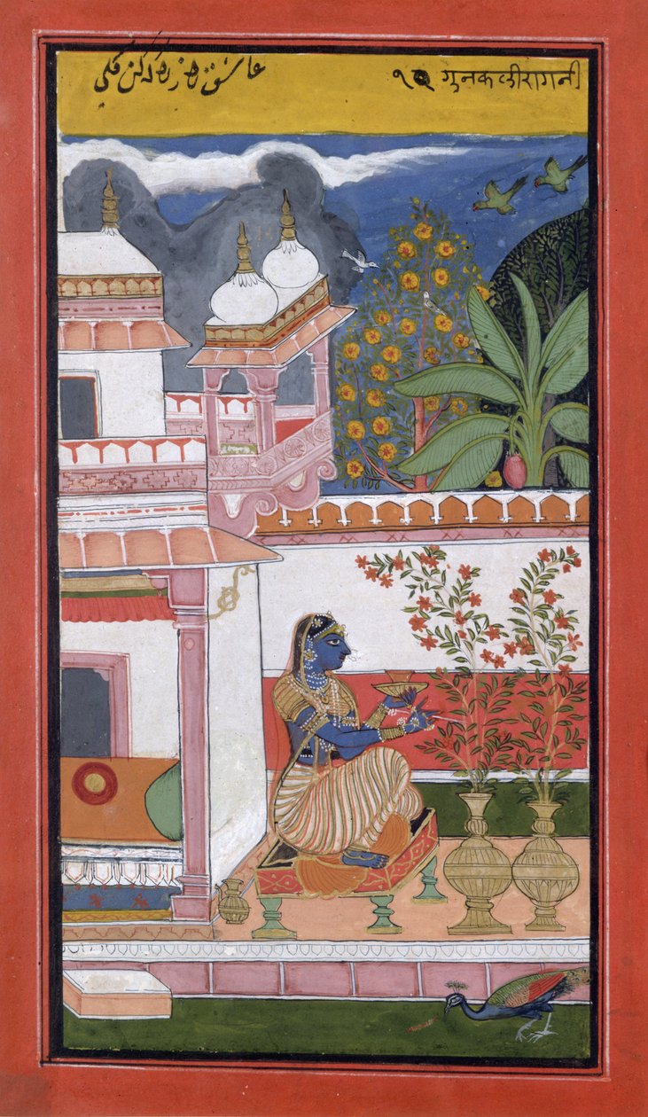 En dam som plockar blommor ur en kruka, Bundi, Rajasthan, Rajput School, ca 1680, av Indian School