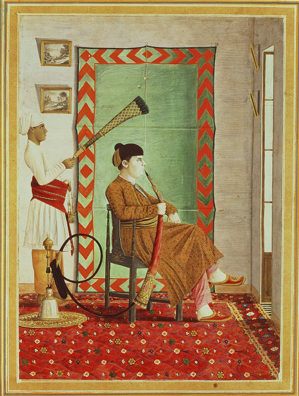 Ett porträtt av en europeisk gentleman i indisk klänning sittande framför ett öppet fönster och röker vattenpipa, Lucknow, Company School av Indian School