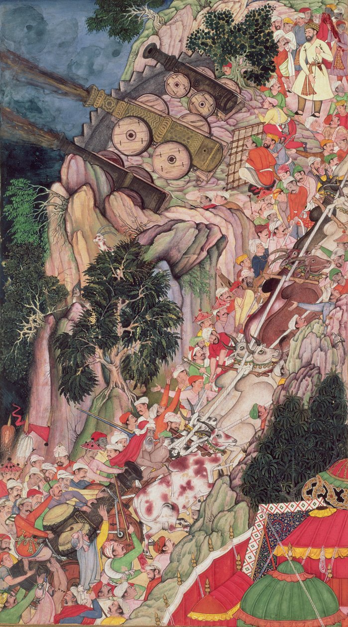 Tjurar som släpar belägringsvapen uppför under en attack på Ranthambhor Fort, från Akbarnama, Mughal, ca 1590-95 (ogenomskinlig wc & guld på papper) av Indian School