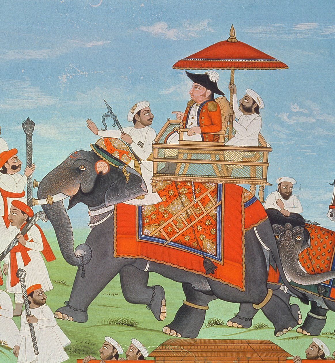 Överste James Tod reser med elefant genom Rajasthan med sitt kavalleri och Sepoys (gouache) (detaljer från 11967) av Indian School
