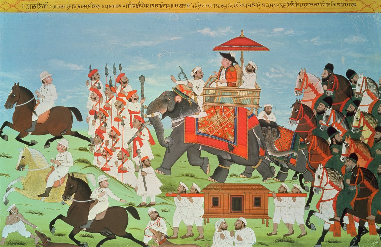 Överste James Tod reser med elefant genom Rajasthan med sitt kavalleri och Sepoys (gouache) (se även 82777) av Indian School