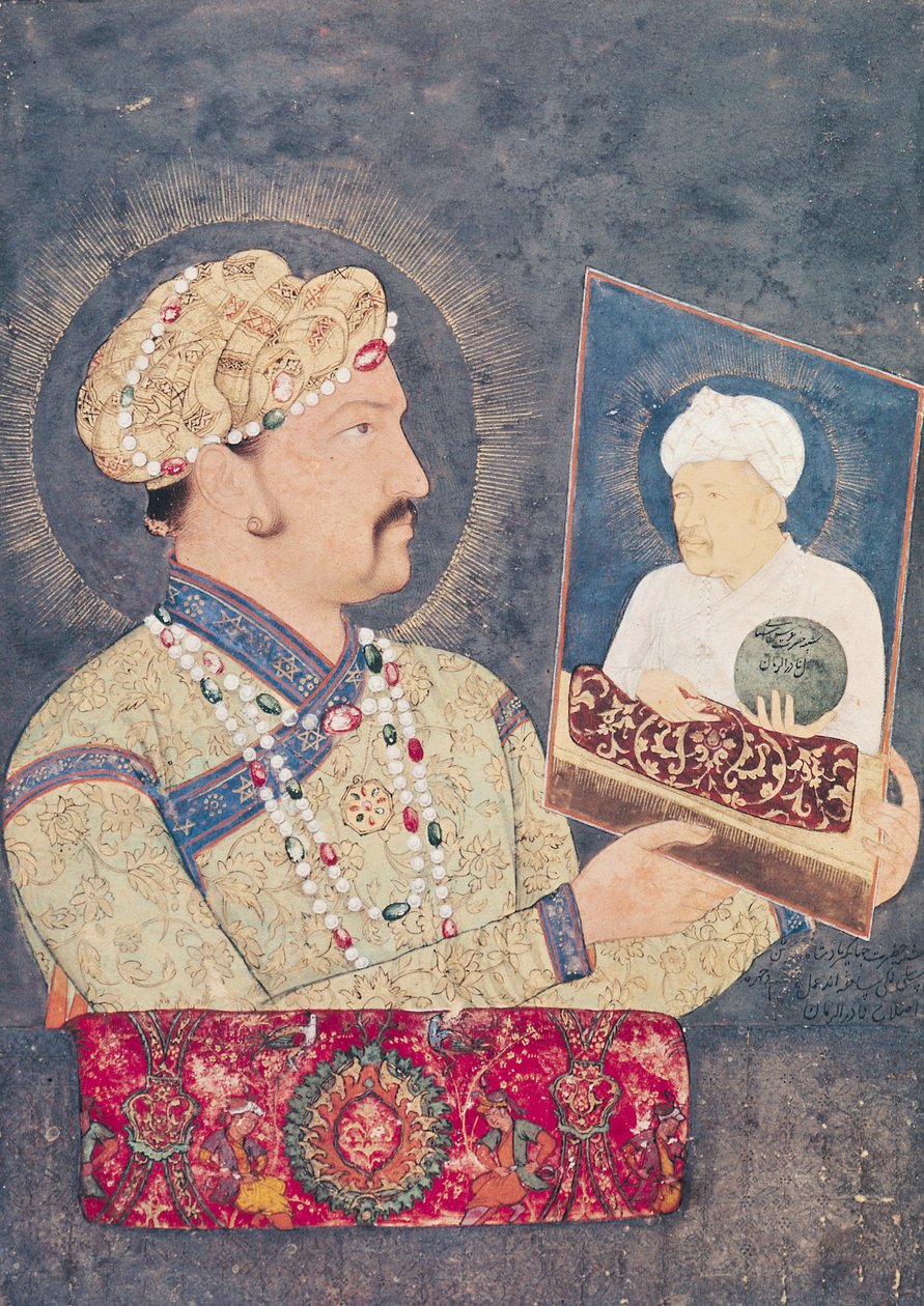 Kejsar Jahangir (1569-1627) håller ett porträtt av kejsar Akbar (1542-1605) av Indian School