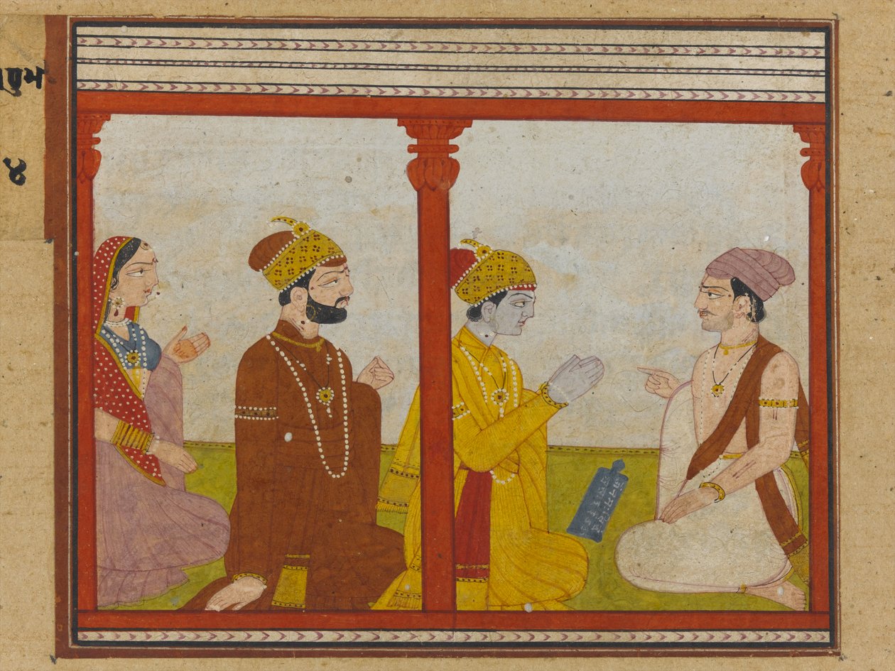 Illustration från en Madhu-Malati-serie, ca 1799 (ogenomskinlig wc & guld på papper) av Indian School