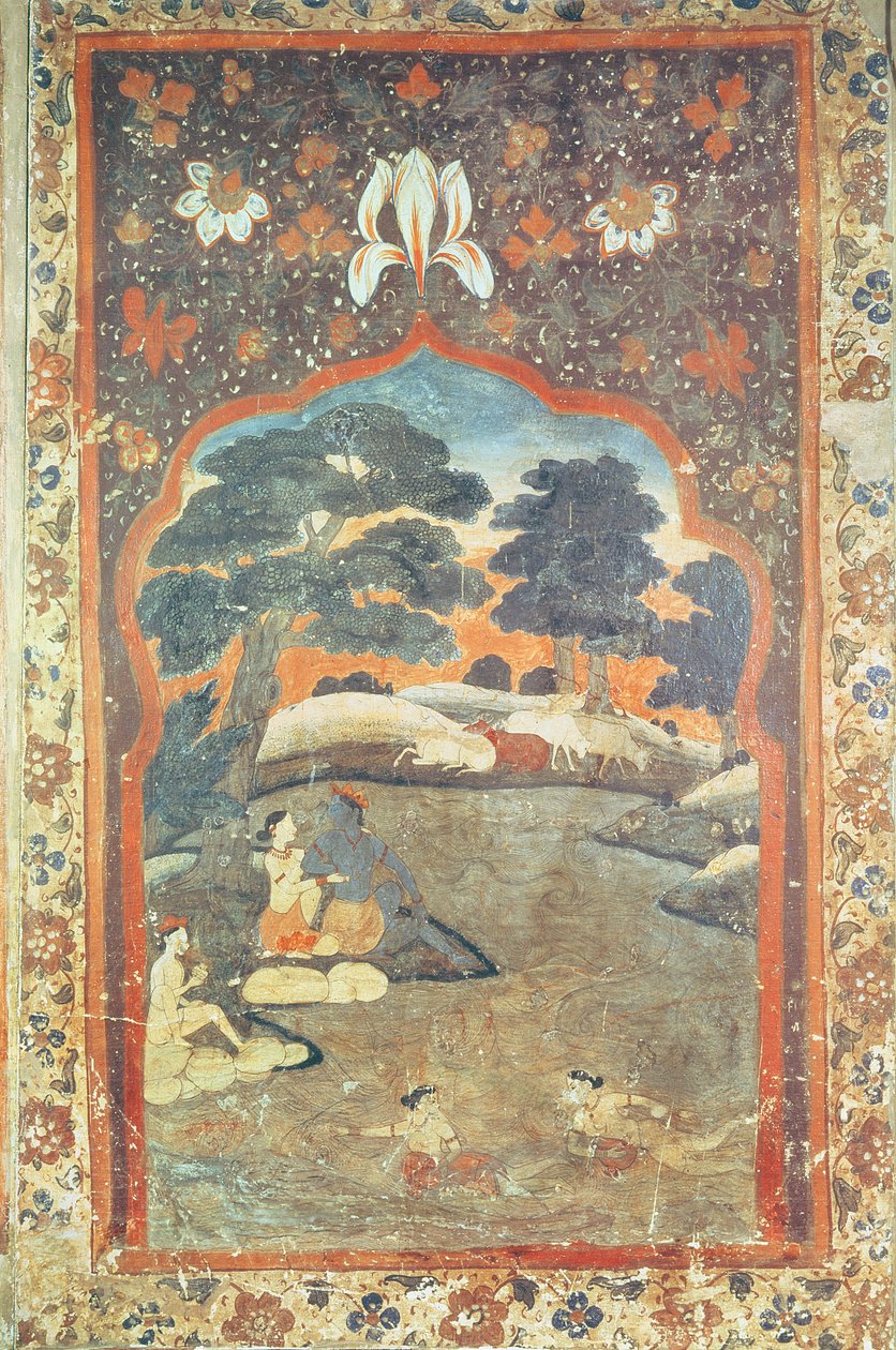 Krishna och Radha Beside a River, Pahari School av Indian School