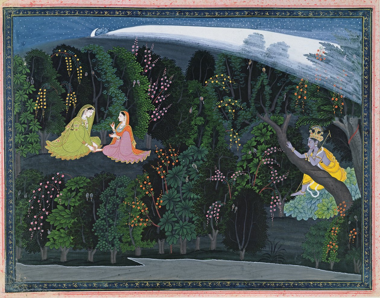Krishna stirrar längtansfullt på Radha, illustration från Lumbagraon Gita Govinda-serien, ca 1820-25 (ogenomskinlig wc & guld på papper) av Indian School