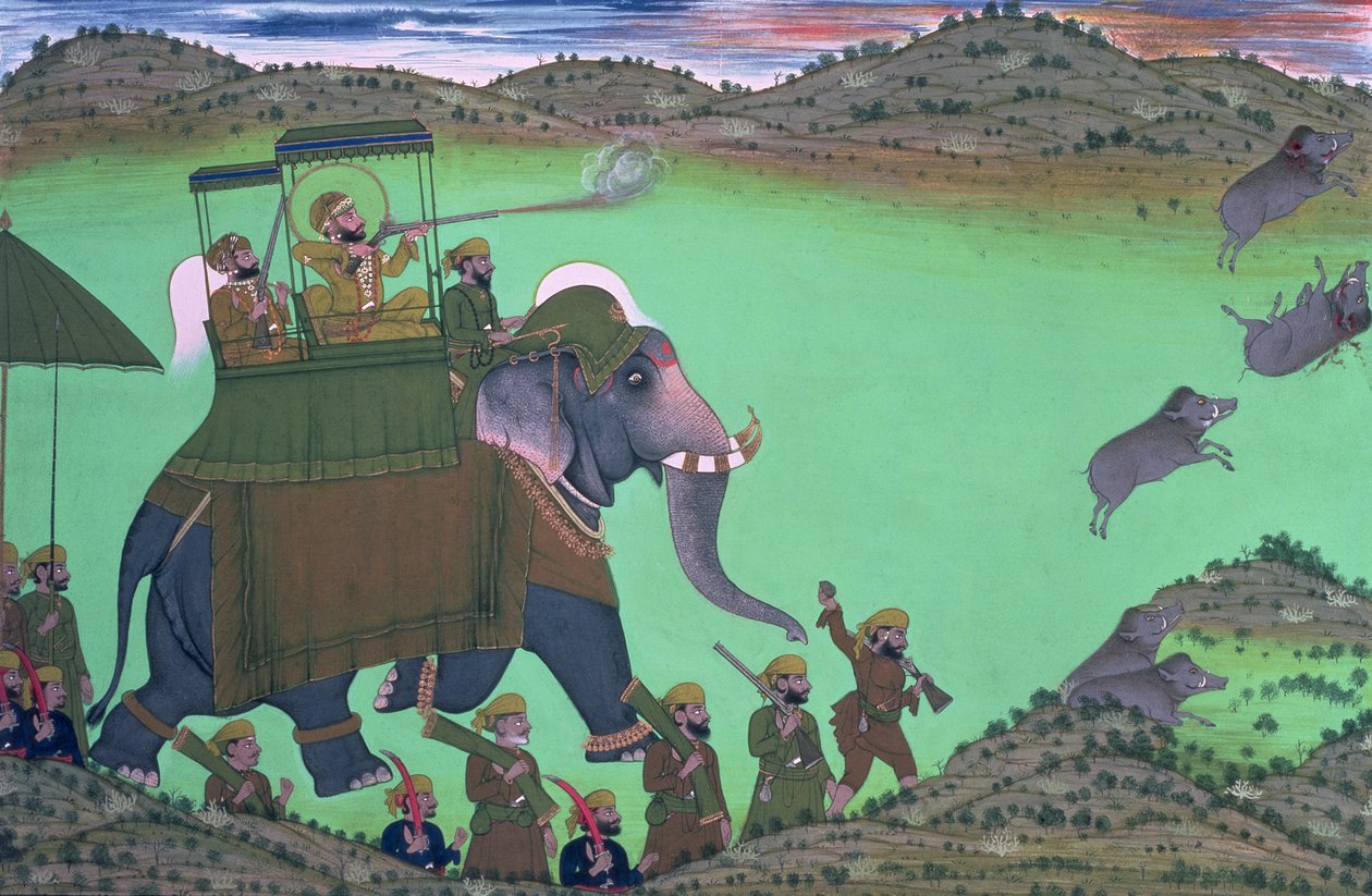 Maharana Sarup Singh av Udaipur skjuter vildsvin på elefantrygg, Rajasthan, 1855 av Indian School