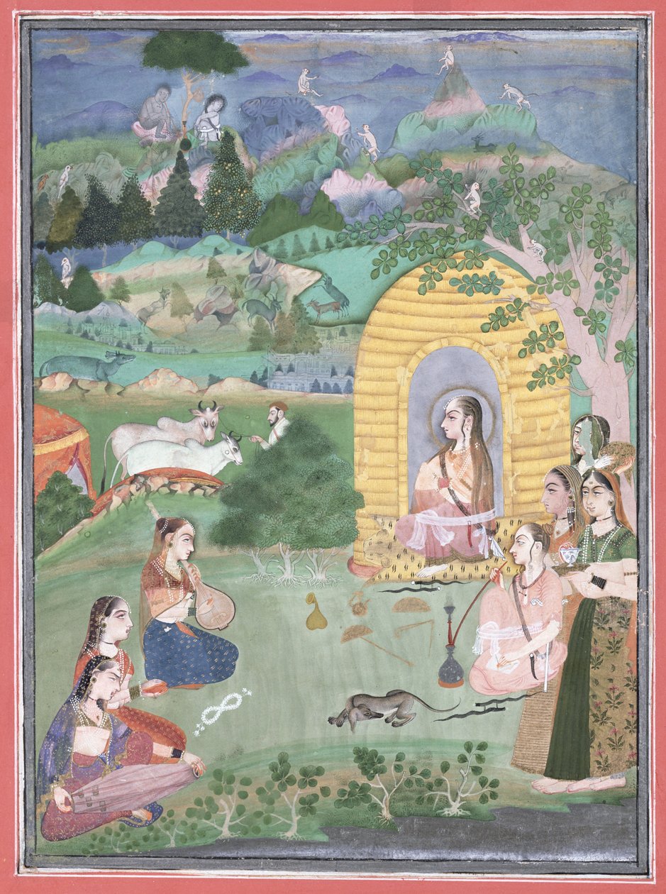 Miniatyrmålning av en yogini i ett landskap, Bikaner, 1680 (ogenomskinliga mineralfärger på vitt papper) av Indian School