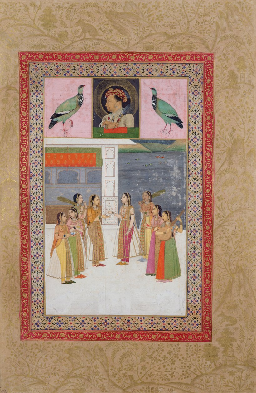 Ms E-14 Porträtt av Djahangir (1569-1627) två fåglar och ädla kvinnor i samtal av Indian School