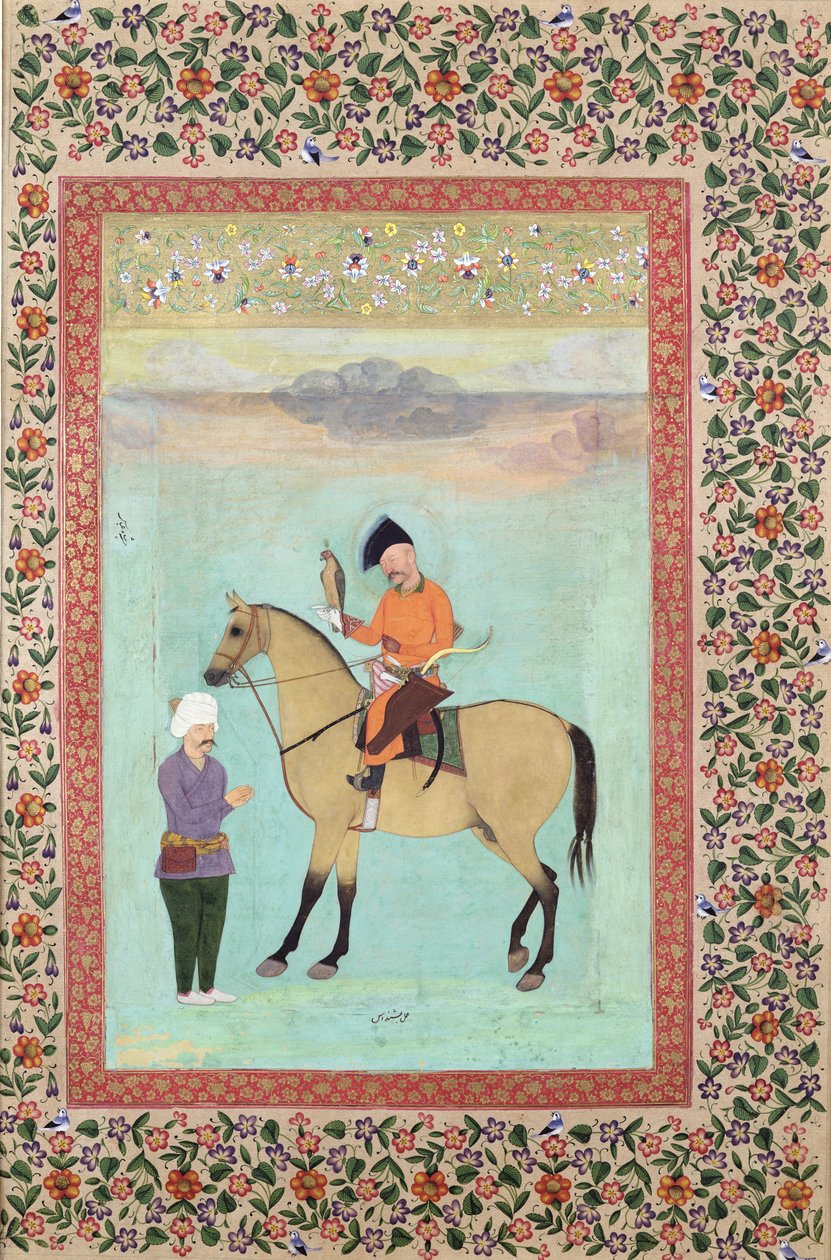 Ms E-14 Shah Abbas (1571-1629) på en häst som håller i en falk, ca 1620 av Indian School