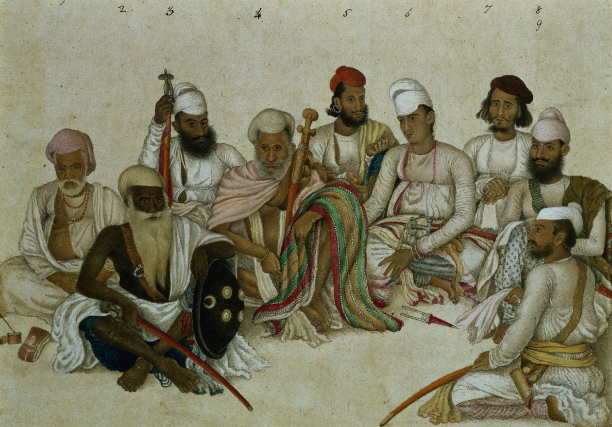 Nio hovmän och tjänare i Raja Patiala, ca 1817 (penna och gouache på papper) av Indian School