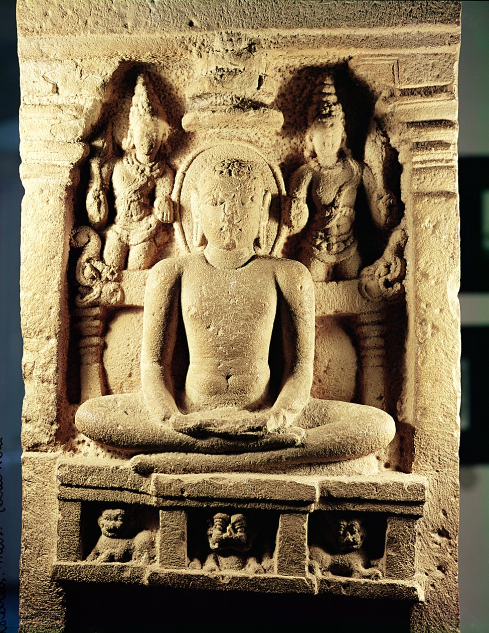 Relief föreställande Tirthankara Mahavira (599-527 f.Kr.) i meditation, från Danavulapadu av Indian School