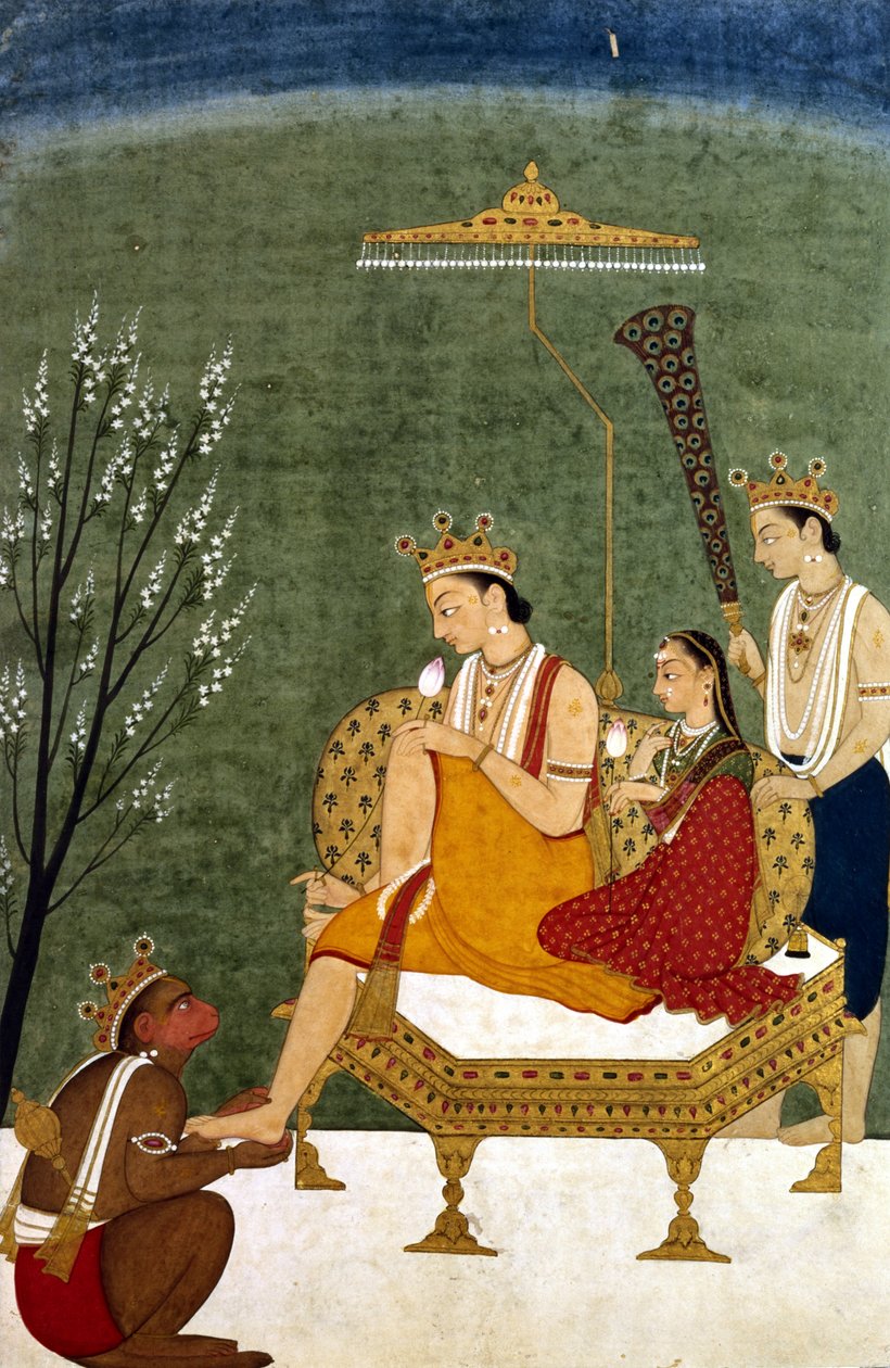 Sjunde inkarnationen av Vishnu som Rama-Chandra: Rama och Sita återförenade (måla på papper) av Indian School