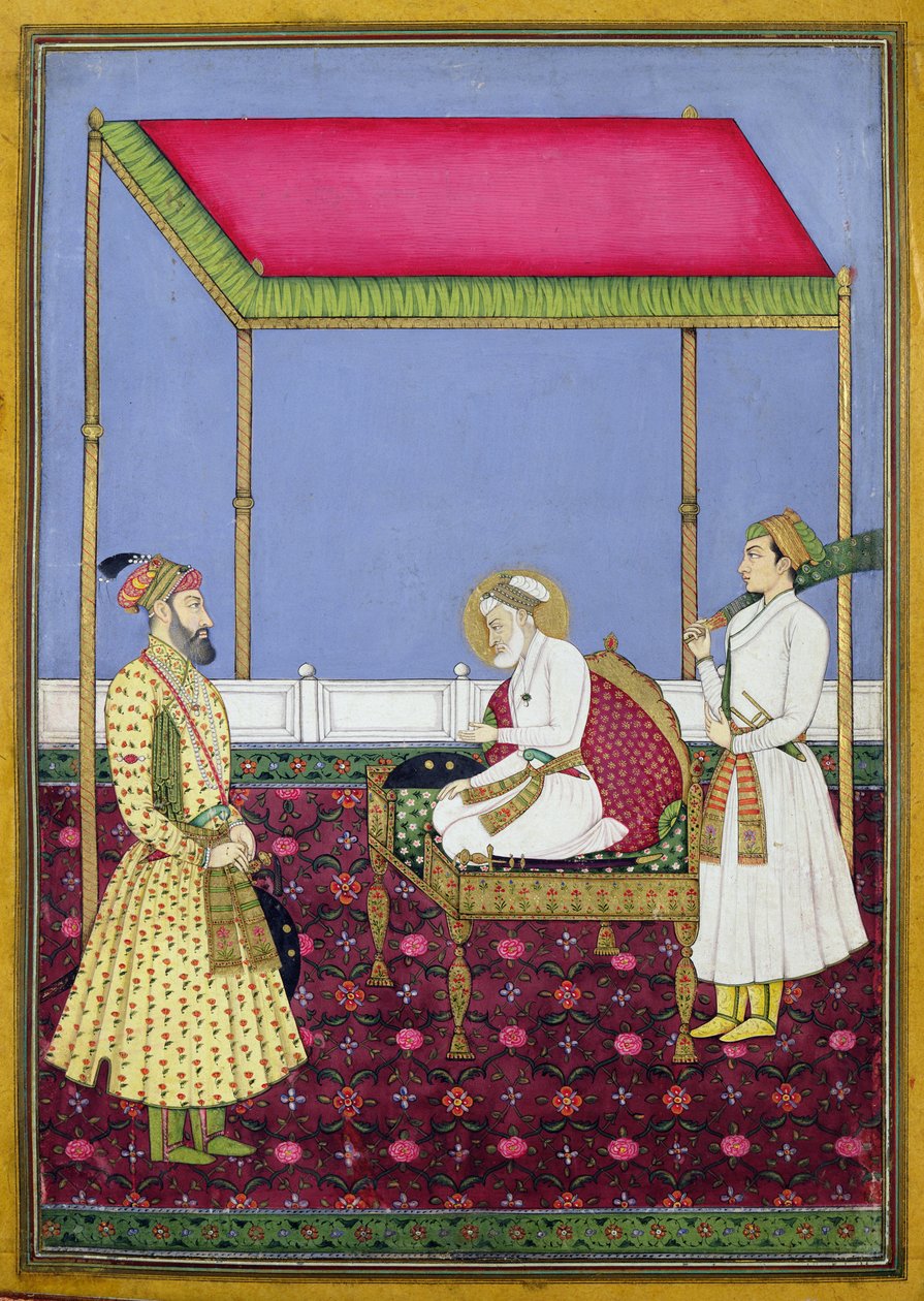 Kejsaren Aurangzeb i ålderdom sittande på en tron, miniatyr från ett Muraqqa-album, tidigt 1700-tal (gouache och bladguld på papper) av Indian School