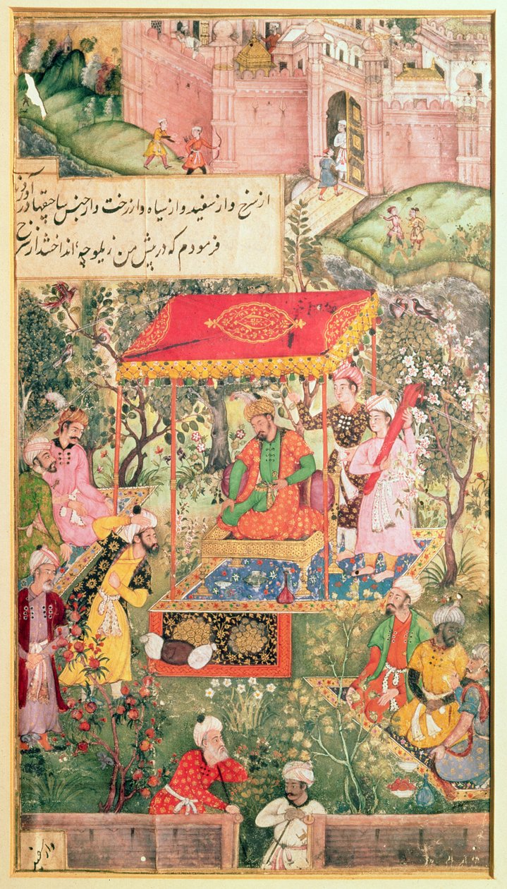 Mogulkejsaren Babur tar emot sändebuden Uzbeg och Rauput i trädgården i Agra den 18 december 1528, kejsaren sitter på en tron under en baldakin; befästningarna av Agra är i bakgrunden, av Indian School