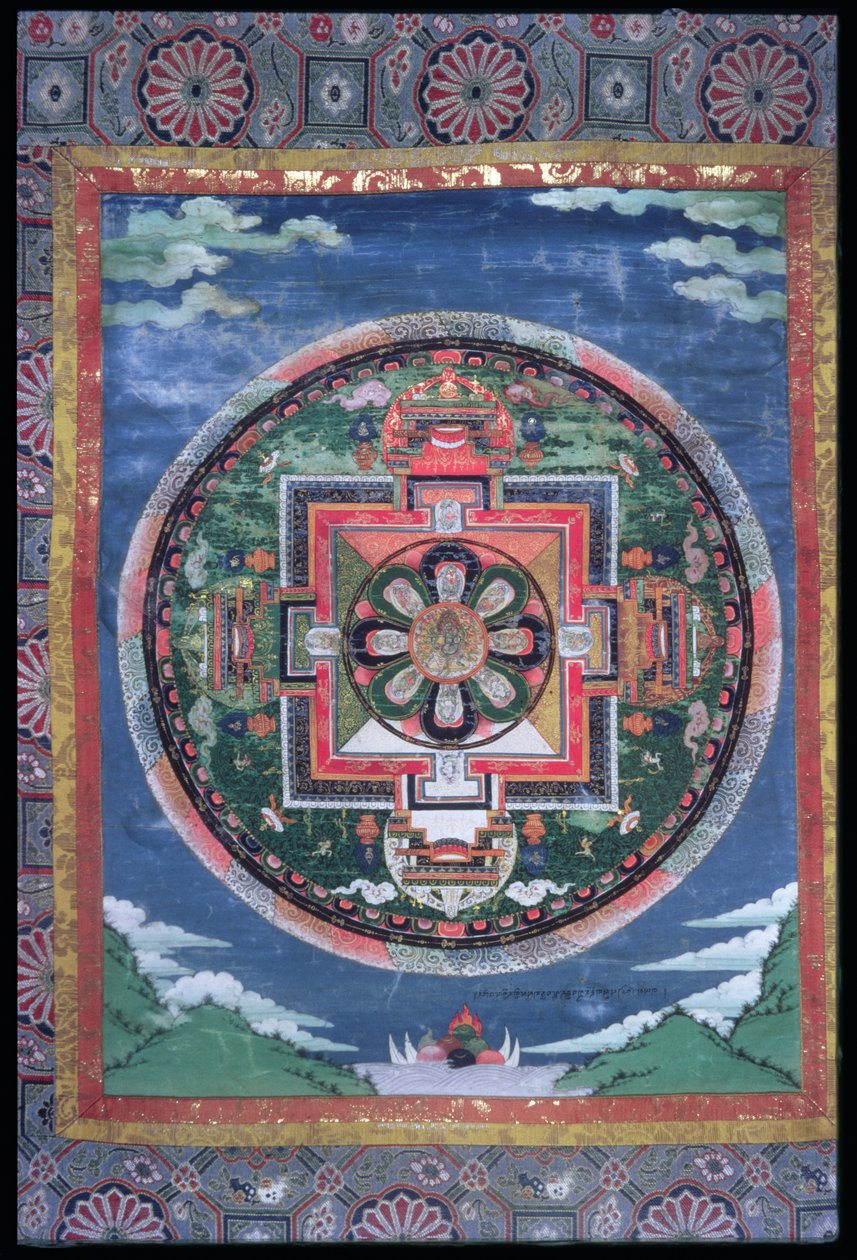 The Mystic Circle of Phyag-rdor (Varjrapani) and the Eight Serpent Divinities with Four Doorkeepers, Mandala Vajrapani, c.1849 (målat siden och tyg) av Indian School