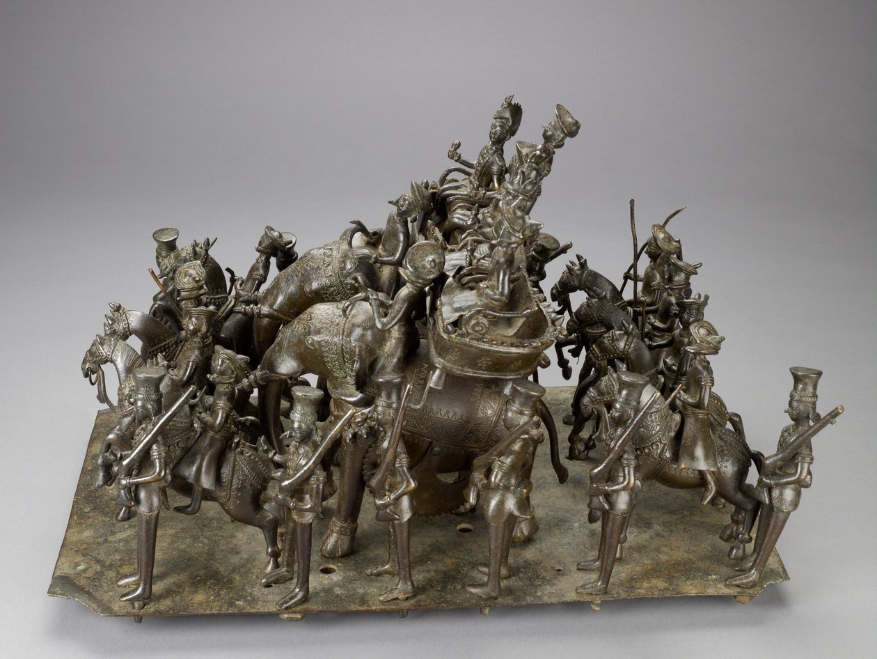 Kavalkaden för kungen av Oudh som rider med den brittiske invånaren på elefanter, ca 1820 (brons) av Indian School