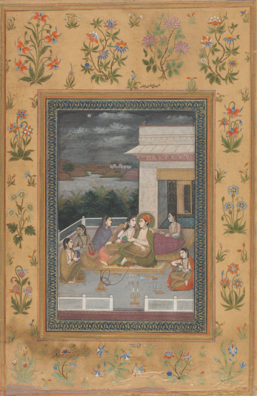 Ett par på en terrass omgiven av skötare och musiker av Indian 18th Century