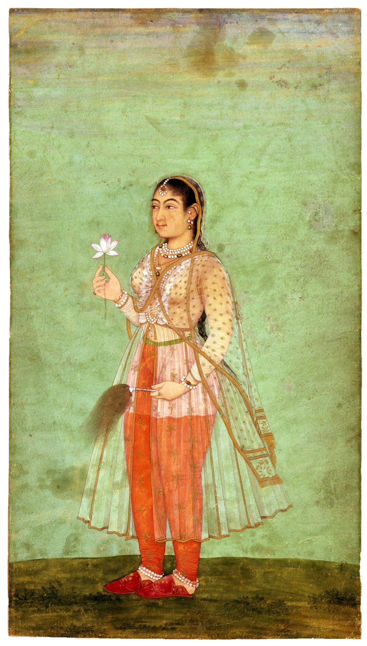 En dam med blomma och flugvisp, c.1630 av Indian Art