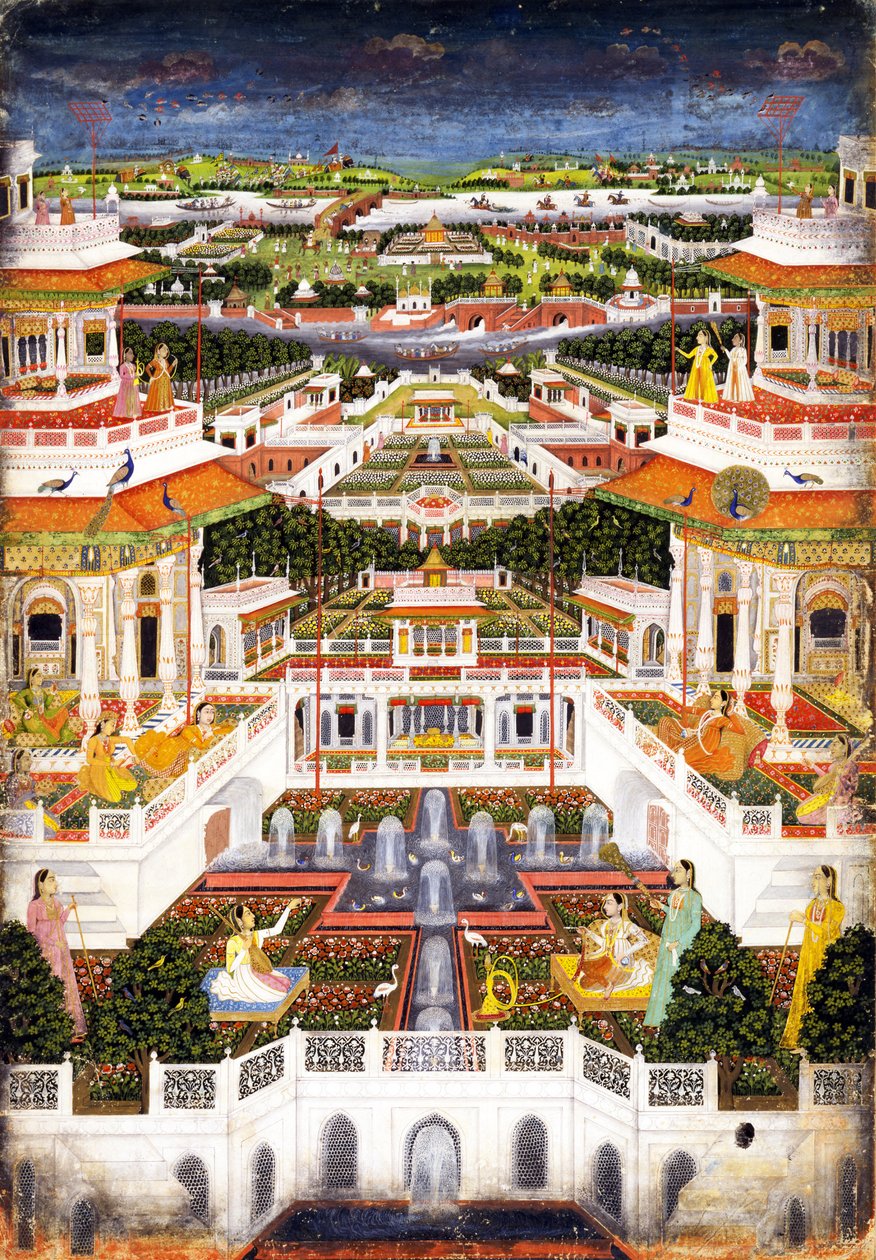 Ett palatskomplex med Harems trädgårdar, ca 1764-1765 av Indian Art