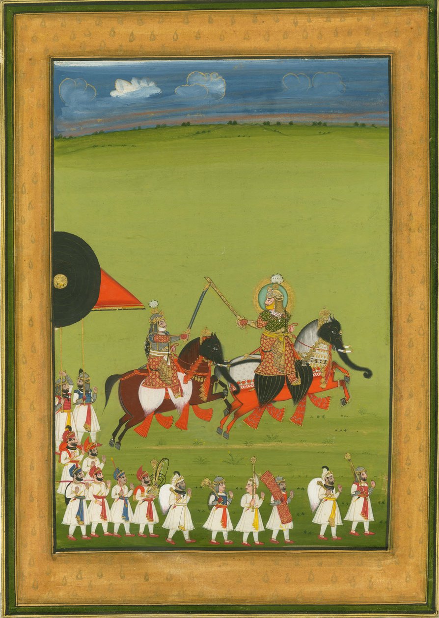 Rajah och son på hästar förklädda till elefanter, och en svit av skötare, ca. 1810 av Indian Art