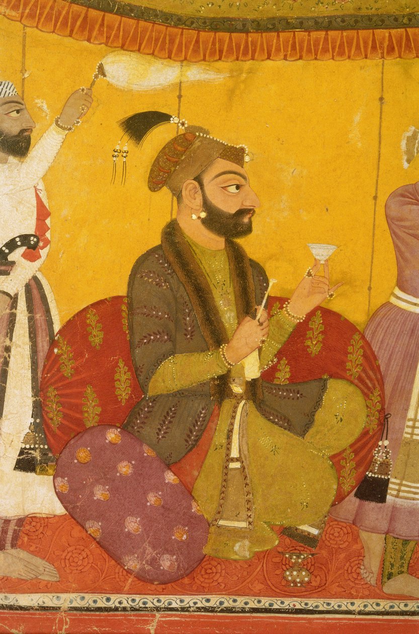 47.110/359 Gosain Narayan tar gift i närvaro av kejsar Jahangir, Nurpur, Pahari School, 1725 av Indian School